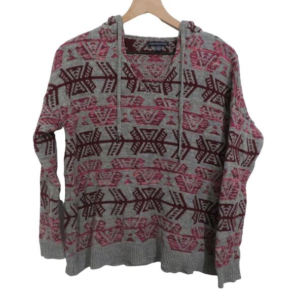 American Eagle Outfitters Womens Sz M Pink Gray Aztec Print Knit Sweater Hooded - Picture 1 of 5